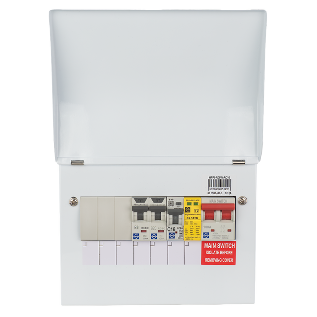 Lewden HPPI-R06W-AC16 6 Way Air Source Heat Pump (ASHP) Consumer Unit with 16A HP RCBO, 2x RCBOs and SPD