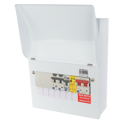 Lewden HPPI-R06W-AC16 6 Way Air Source Heat Pump (ASHP) Consumer Unit with 16A HP RCBO, 2x RCBOs and SPD