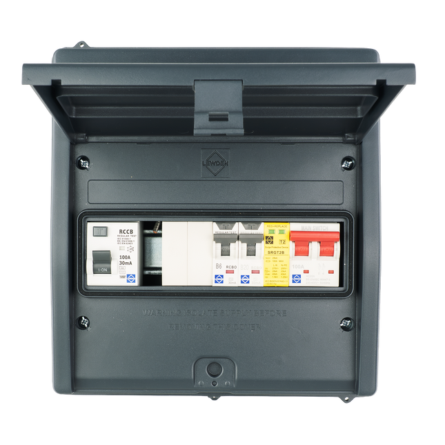 Lewden HPPO-05MG-1 IP65 5 Way Air Source Heat Pump (ASHP) Consumer Unit with 100A Type B RCD, 2x RCBOs and SPD