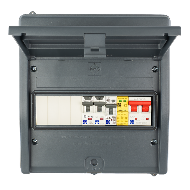 Lewden HPPO-07MG-AC25 IP65 7 Way Air Source Heat Pump (ASHP) Consumer Unit with 25A HP RCBO, 2x RCBOs and SPD