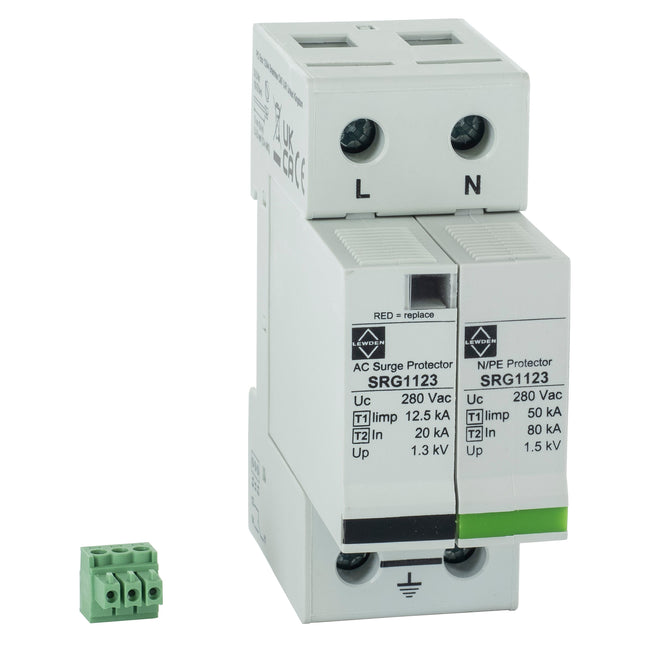 Lewden SRG1123 50kA 2 Module Single Pole and Earth Type 1+2+3 Surge Protector