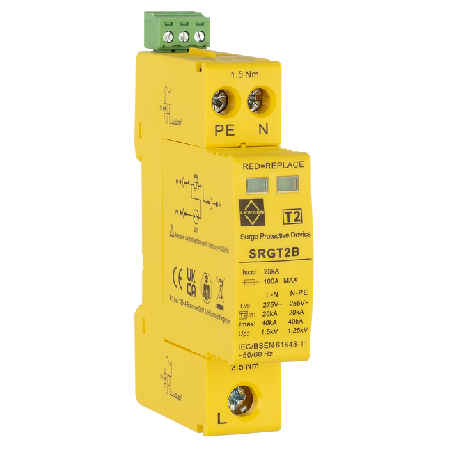 Lewden SRGT2B 40kA 1 Module Single Pole Type 2 Surge Protector